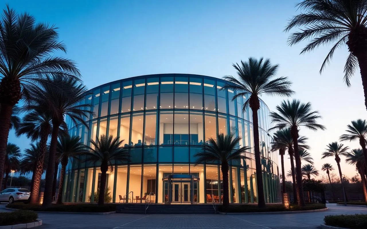 Glass office building among palm trees at dusk