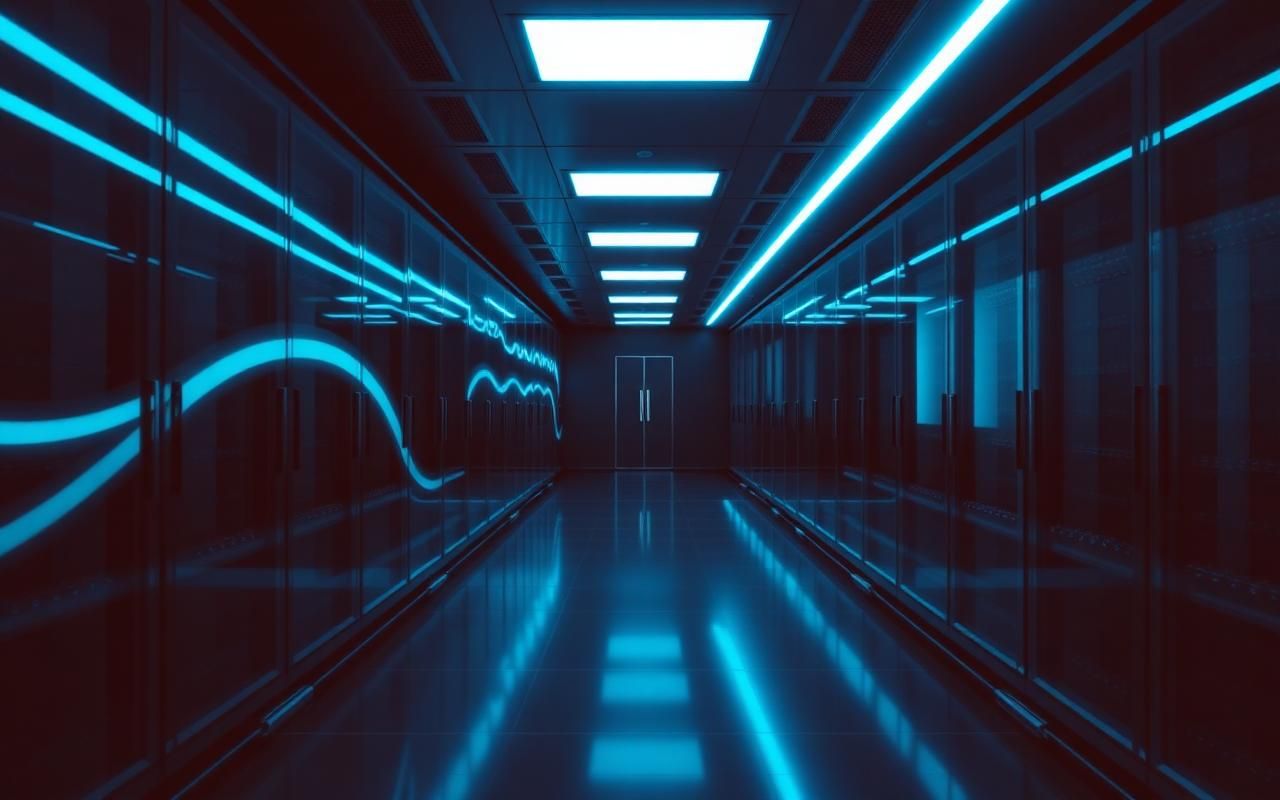 Data centre corridor in turquoise light