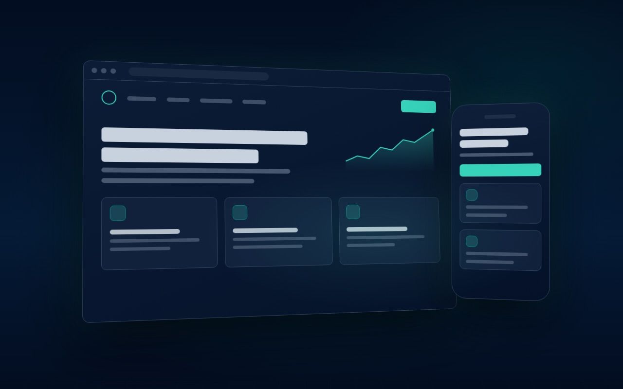 Illustration of a website on a desktop screen and a phone, in dark blue and turquoise