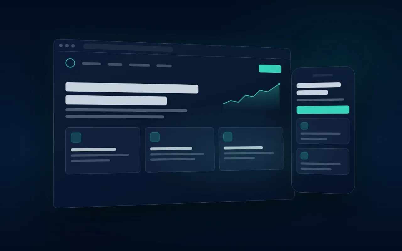 Illustration of a website on a desktop screen and a phone, in dark blue and turquoise
