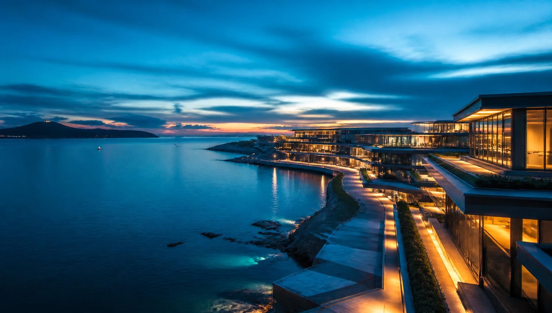 Waterfront office buildings at dusk