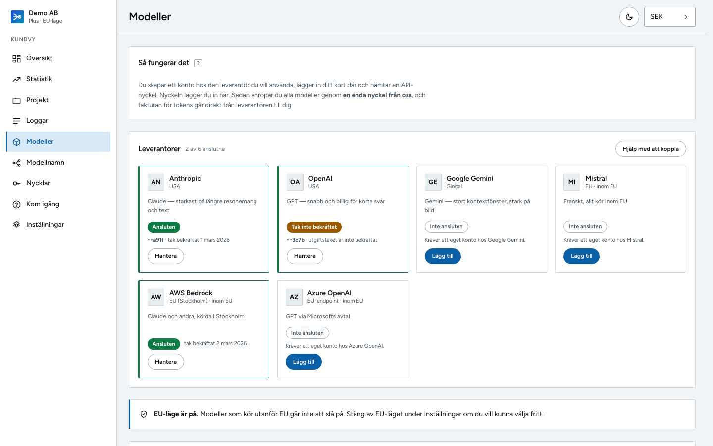 Models and providers, with EU mode (Swedish interface)
