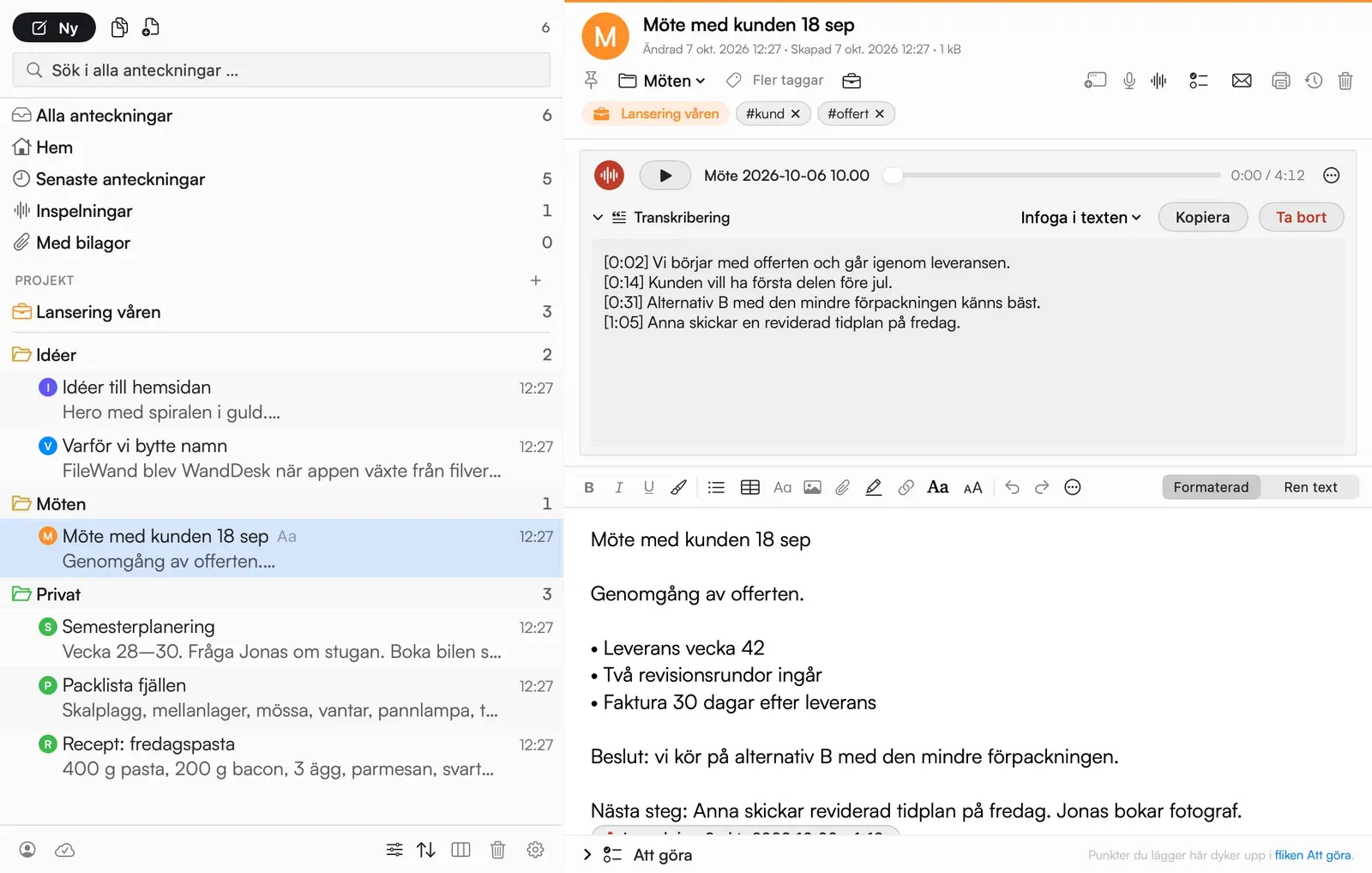 Anteckningar med inspelning och transkribering