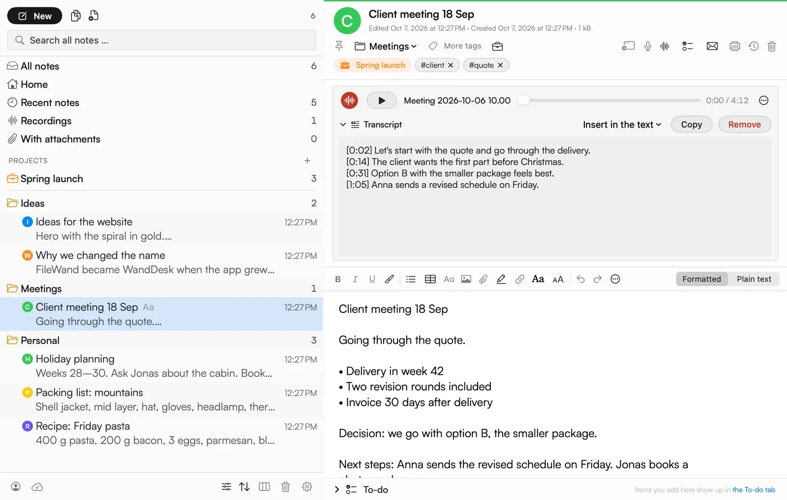 Notes with a recording and its transcript
