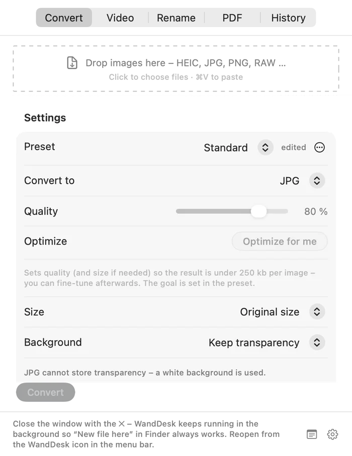 Convert images to the right format and size