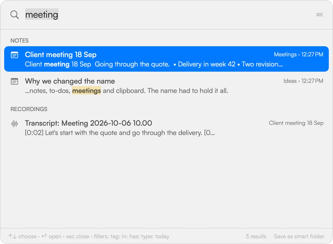 One search across notes, recordings and email
